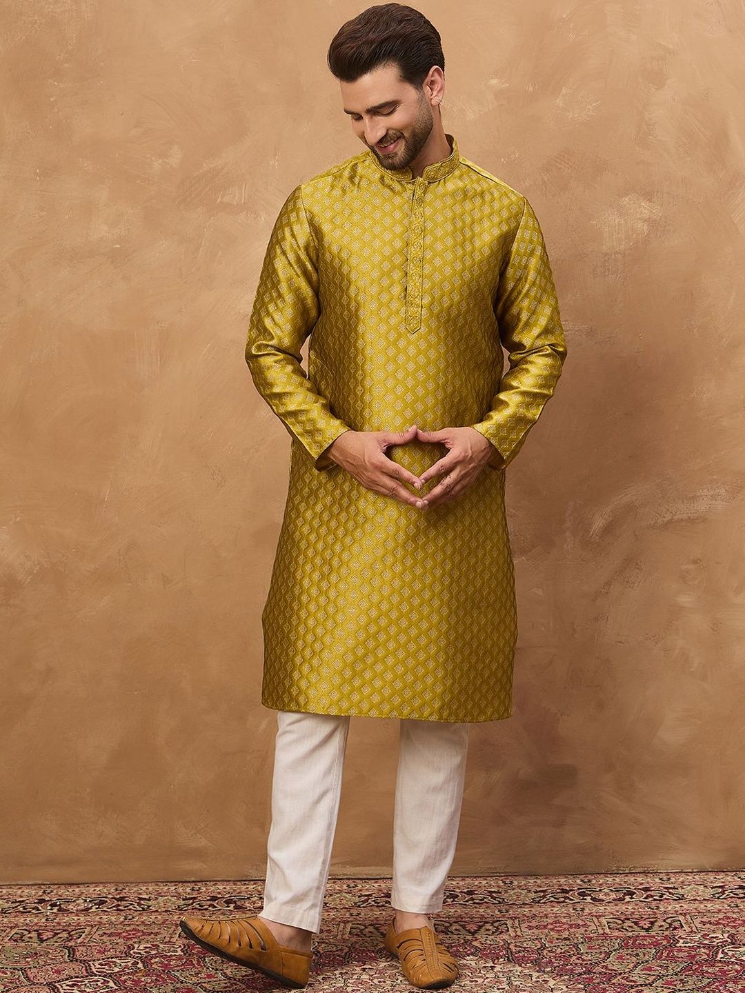 Ethnic Bay Men Yellow Silk Blend Solid Woven Design Straight Kurta With Pant Set-MKSET1459