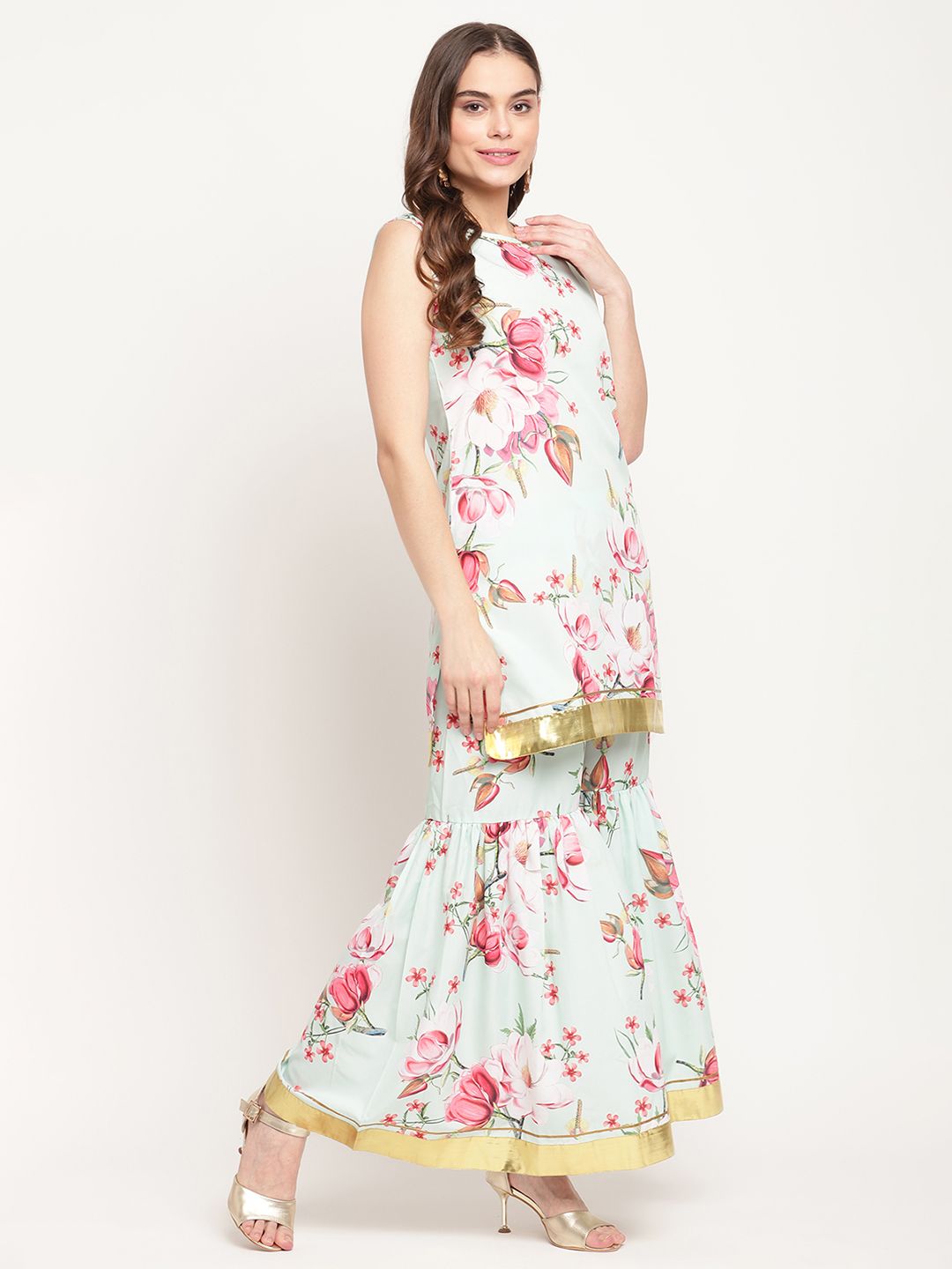 Mint Green Floral Print Sharara Set | Women's Designer Suit