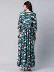 Dark Green Digital Print Flared Dress-AHDRCRDP-893