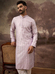 Ethnic Bay Men Lavender Silk Blend Solid Embroidered Straight Kurta With Pant Set-MKSET1359