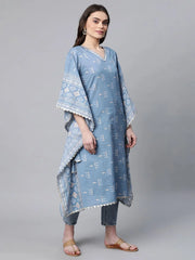 Blue Pure Cotton Printed Kaftan Kurta-AHKFCODCGPDS-6047