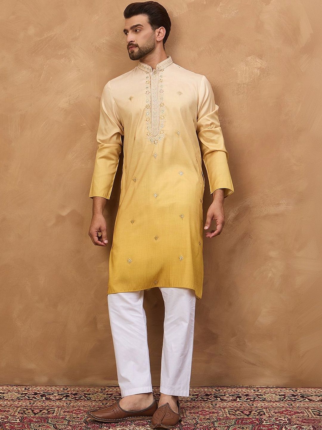 Ethnic Bay Men Yellow Silk Blend Solid Embroidered Straight Kurta With Pant Set-MKSET1486