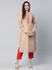 Beige & Red Chanderi Printed Kurta Pant Set-AHKUPN-COMBO-429