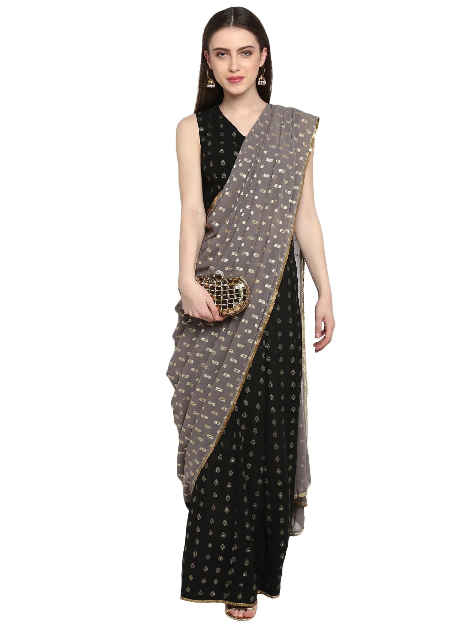 Black Georgette Foil Print Ready to Wear Saree | Indian Sari