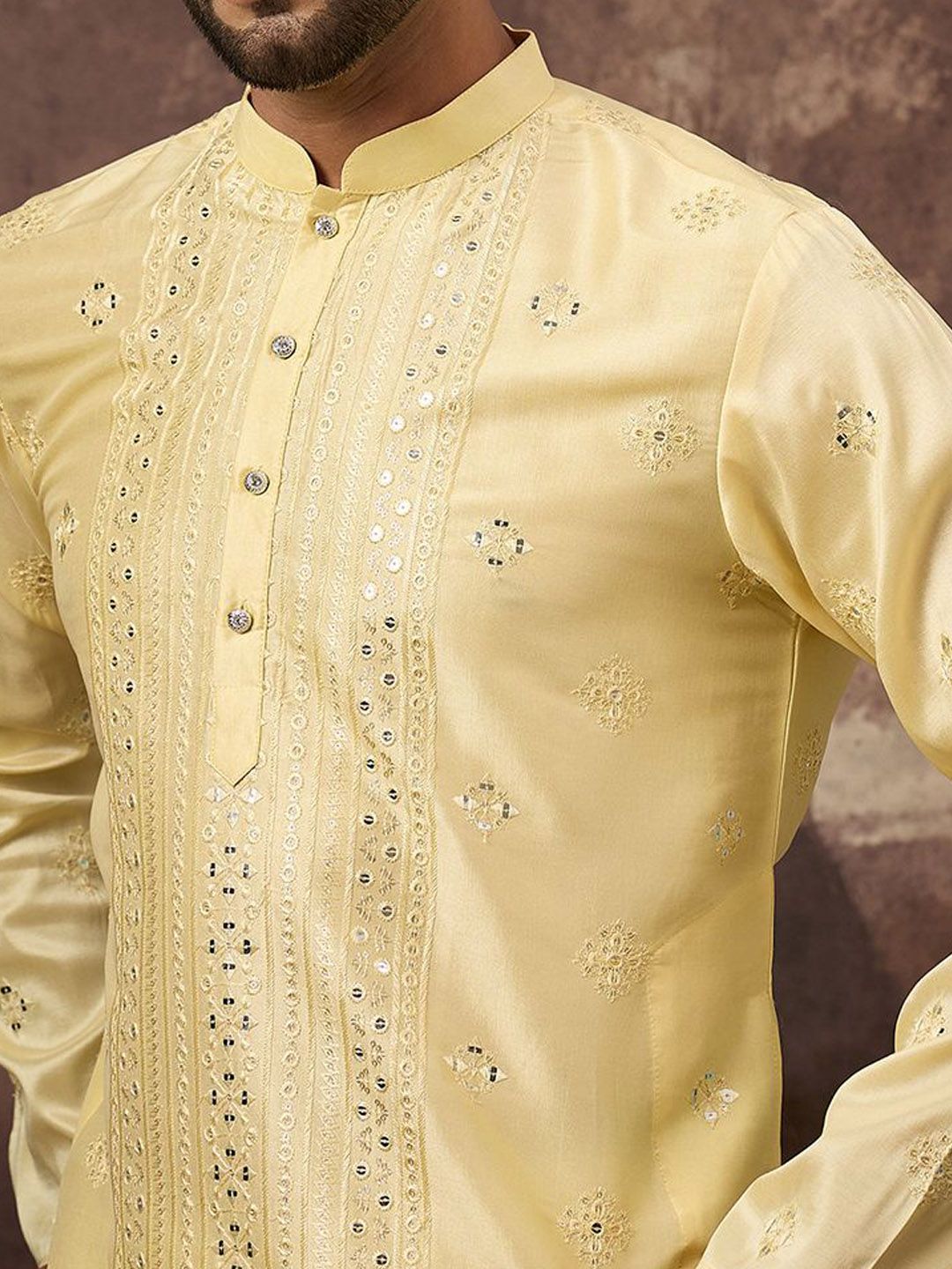Ethnic Bay Men Yellow Silk Blend Solid Embroidered Straight Kurta With Pant Set-MKSET1364