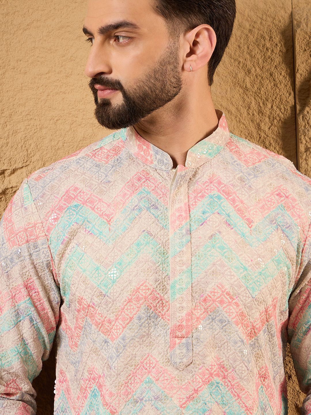 Ethnic Bay Men Multicolour Viscose Rayon Geometric Embroidered Straight Kurta With Pant Set-MKSET1193