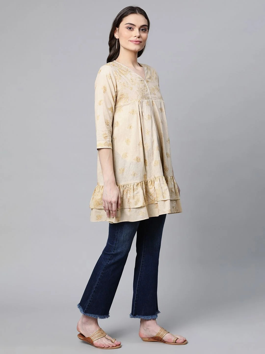 Beige & Gold Printed Tunic Top - Indian Kurtis for Women