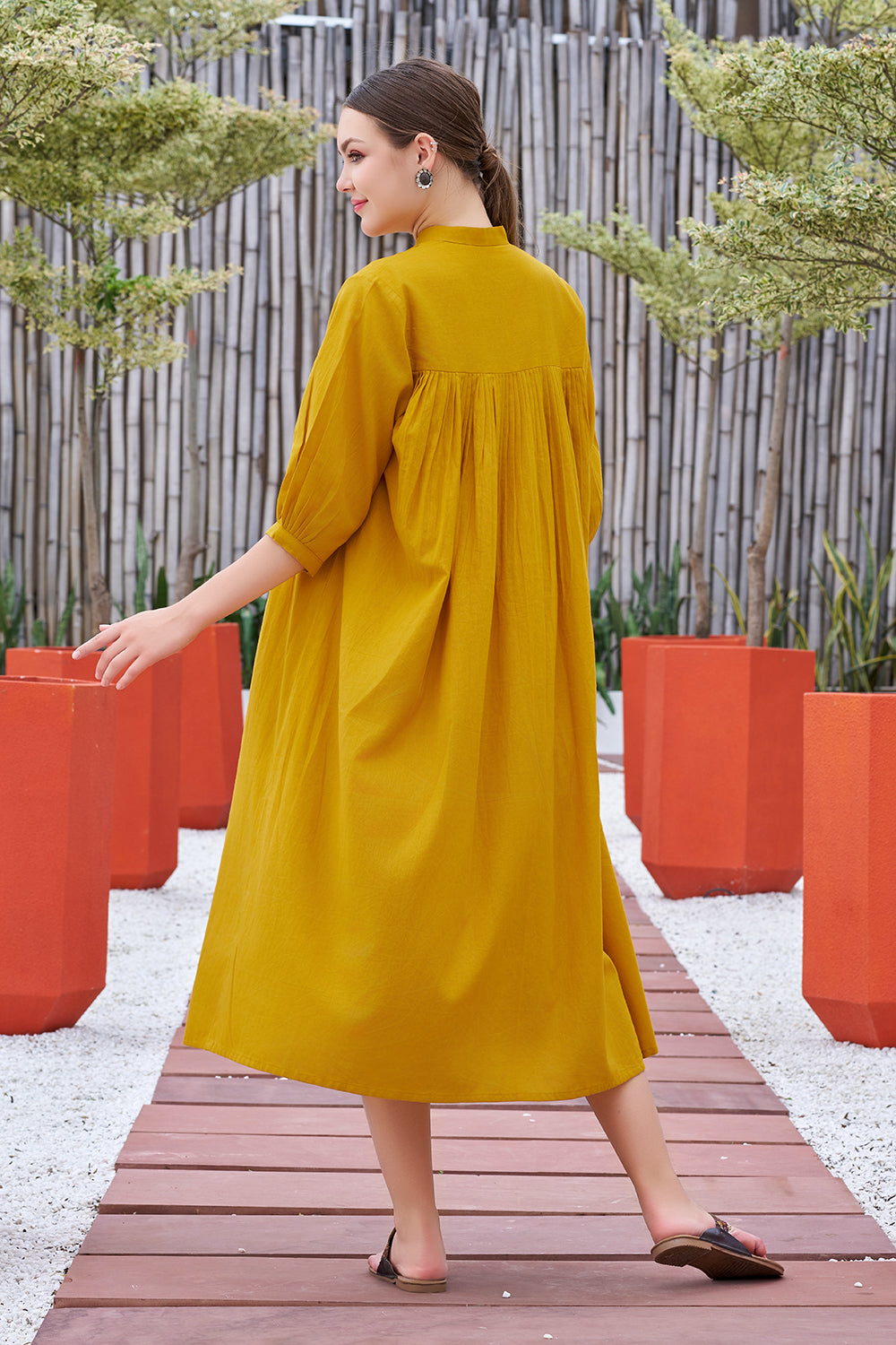 Plus Size Mustard Casual Wear Hand-painted Dress With Stand Collar