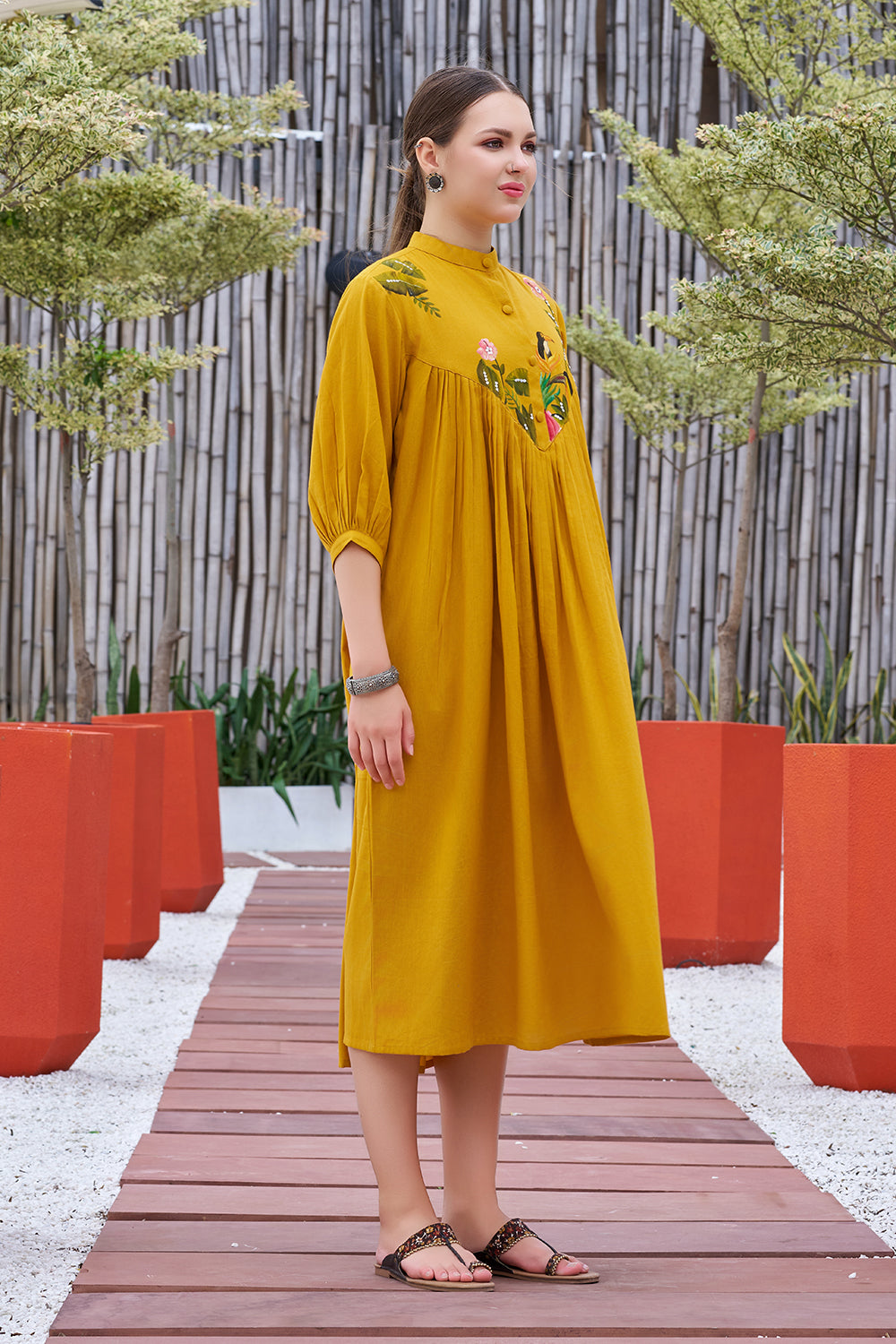 Plus Size Mustard Casual Wear Hand-painted Dress With Stand Collar