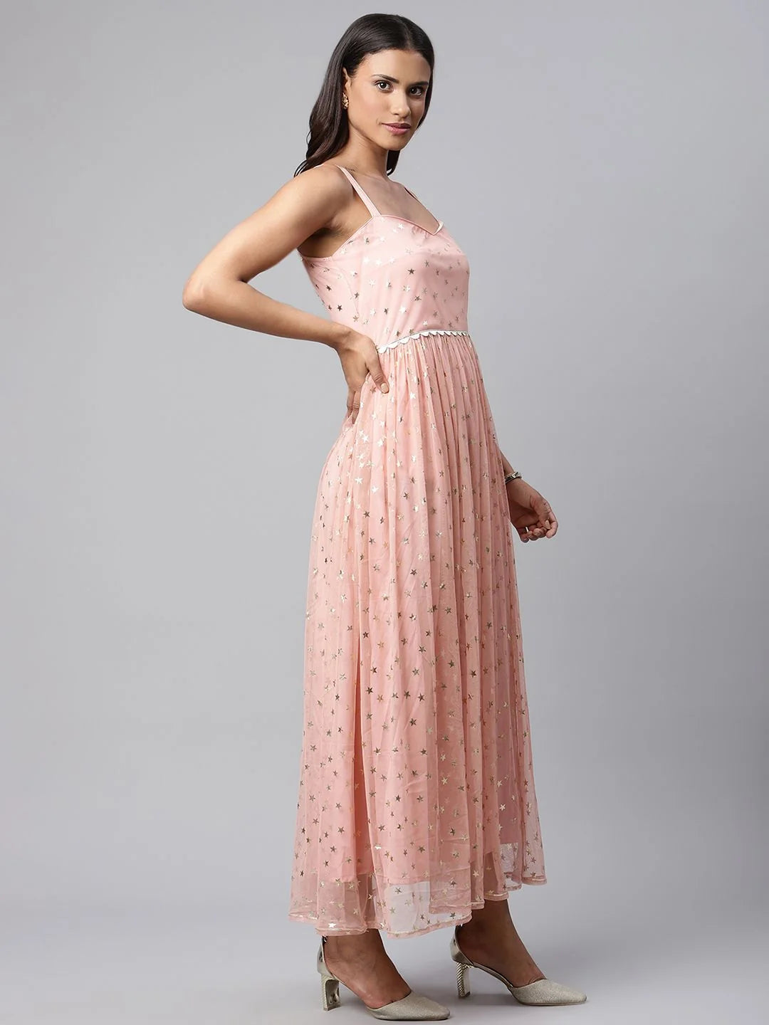 Pink Net Gold Foil Print Dress | Indian Dresses