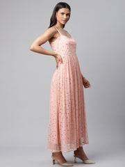 Pink Net Gold Foil Print Dress-AHDRNTFP-943-FF
