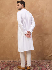 Ethnic Bay Men White Silk Blend Solid Embroidered Straight Kurta With Pant Set-MKSET1444