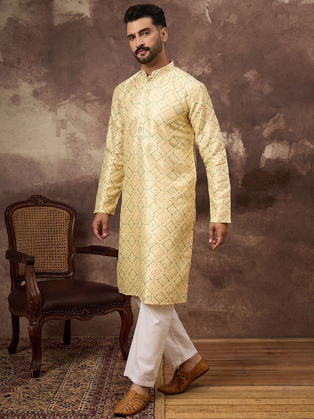 Ethnic Bay Men Yellow Silk Blend Solid Embroidered Straight Kurta With Pant Set-MKSET1383
