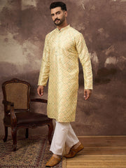 Ethnic Bay Men Yellow Silk Blend Solid Embroidered Straight Kurta With Pant Set-MKSET1383
