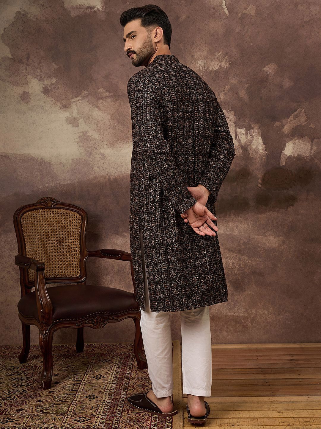 Ethnic Bay Men Black Viscose Rayon Ethnic Motifs Embroidered Straight Kurta With Pant Set-MKSET1405