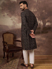 Ethnic Bay Men Black Viscose Rayon Ethnic Motifs Embroidered Straight Kurta With Pant Set-MKSET1405