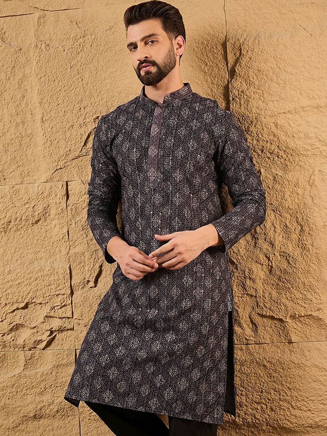 Ethnic Bay Mens Grey Viscose Rayon Ethnic Motifs Embroidered Chikankari Straight Kurta With Pant Set-MKSET1165