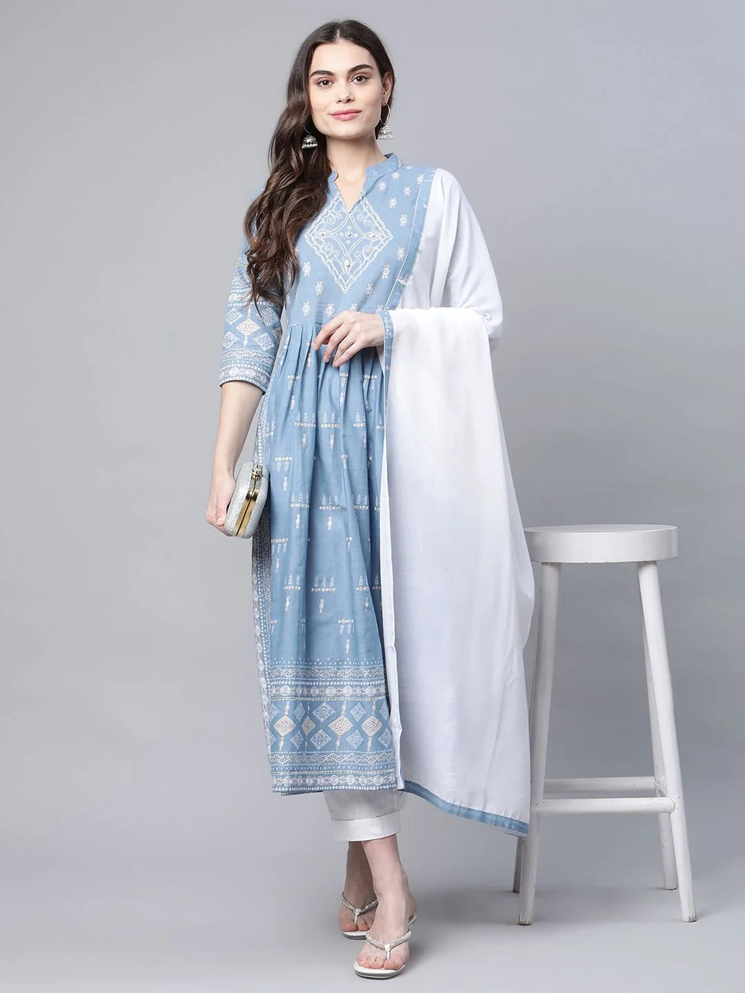 Pastel Blue Cotton Printed Kurta Pant Set with Dupatta | Women's