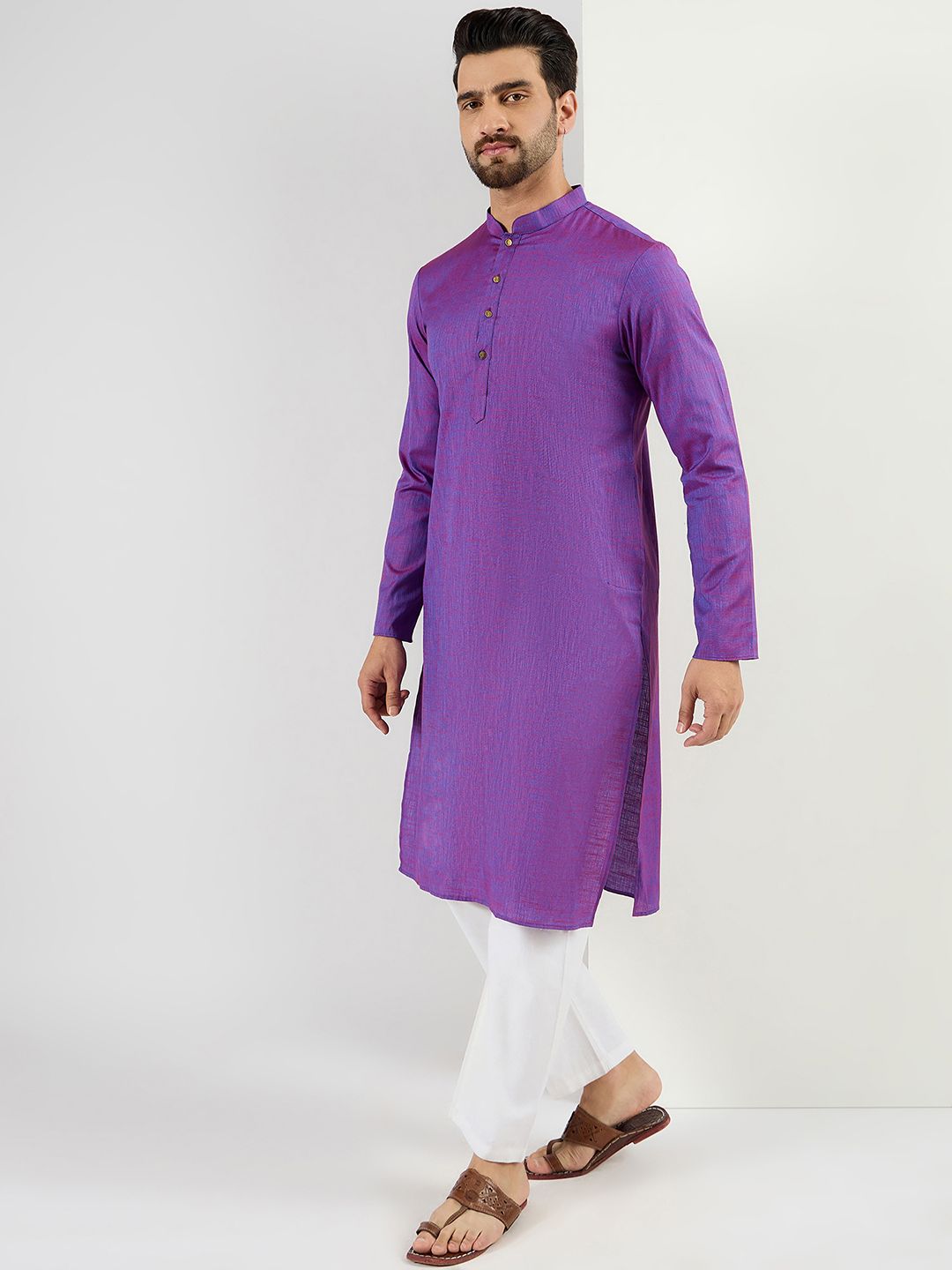 Ethnic Bay Men Purple Cotton Solid Woven Design Straight Kurta With Pant Set-MKSET1099