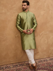 Ethnic Bay Men Green Silk Blend Solid Woven Design Straight Kurta With Pant Set-MKSET1456