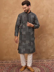 Ethnic Bay Men Black Silk Blend Geometric Printed Straight Kurta With Pant Set-MKSET1528