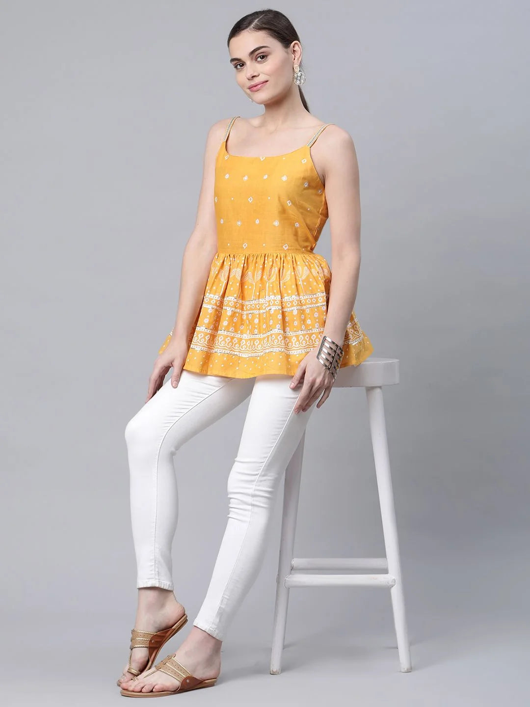 Mustard Cotton Printed Tunic Top - Indian Kurta for Women