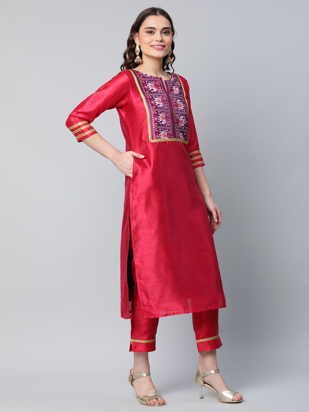 Red Printed Kurta Set | Art Silk Women's Indian Kurta Sets Online