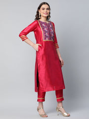Red Art Silk Printed Kurta Pant Set-AHKUPN-COMBO-465