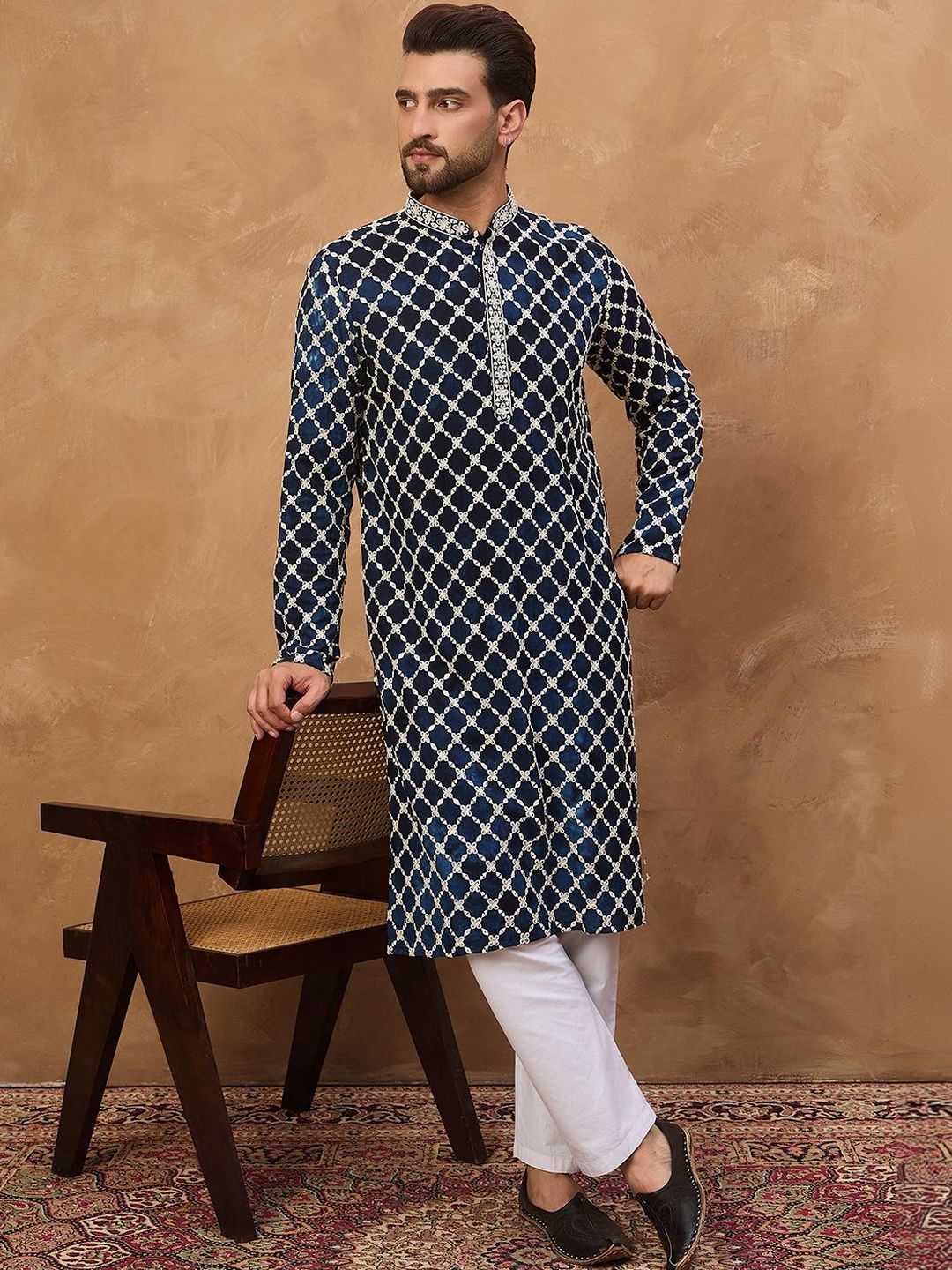 Ethnic Bay Men Blue Viscose Rayon Shibori Embroidered Straight Kurta With Pant Set-MKSET1414
