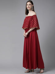 Maroon Cotton Blend Gold Printed Dress-AHDRGRFP-925