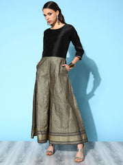 Black Poly Silk Gold Printed Jumpsuit-AHJSPSFP-952-FF