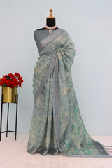 Linen Digital Print Grey Saree With Unstiched Blouse Piece-MPHL-96-GREY
