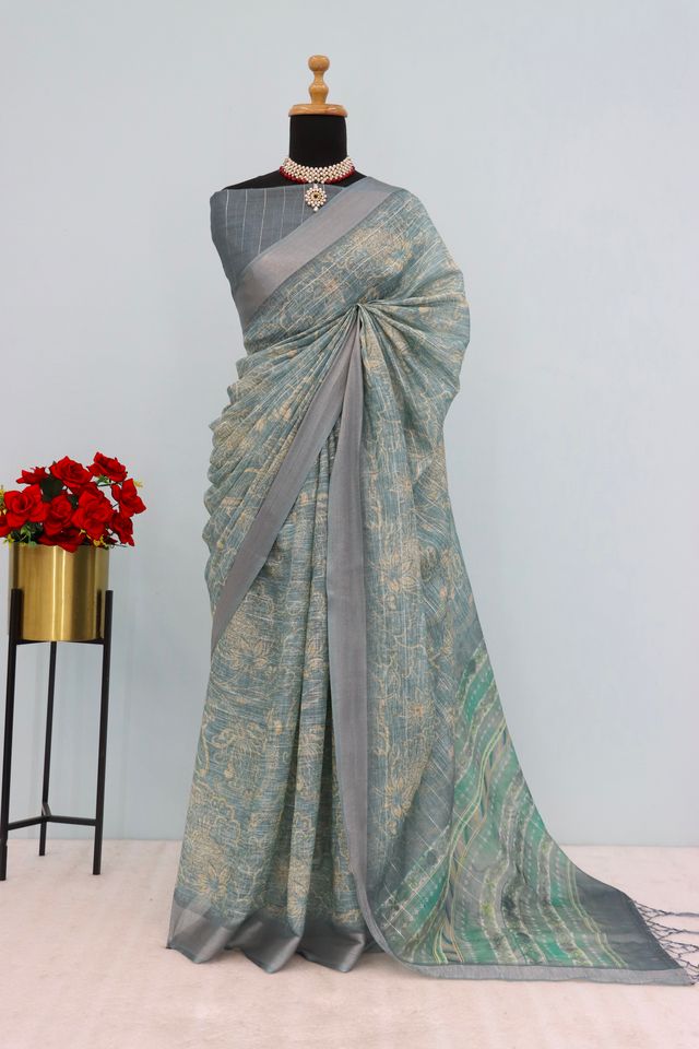 Linen Digital Print Grey Saree With Unstiched Blouse Piece