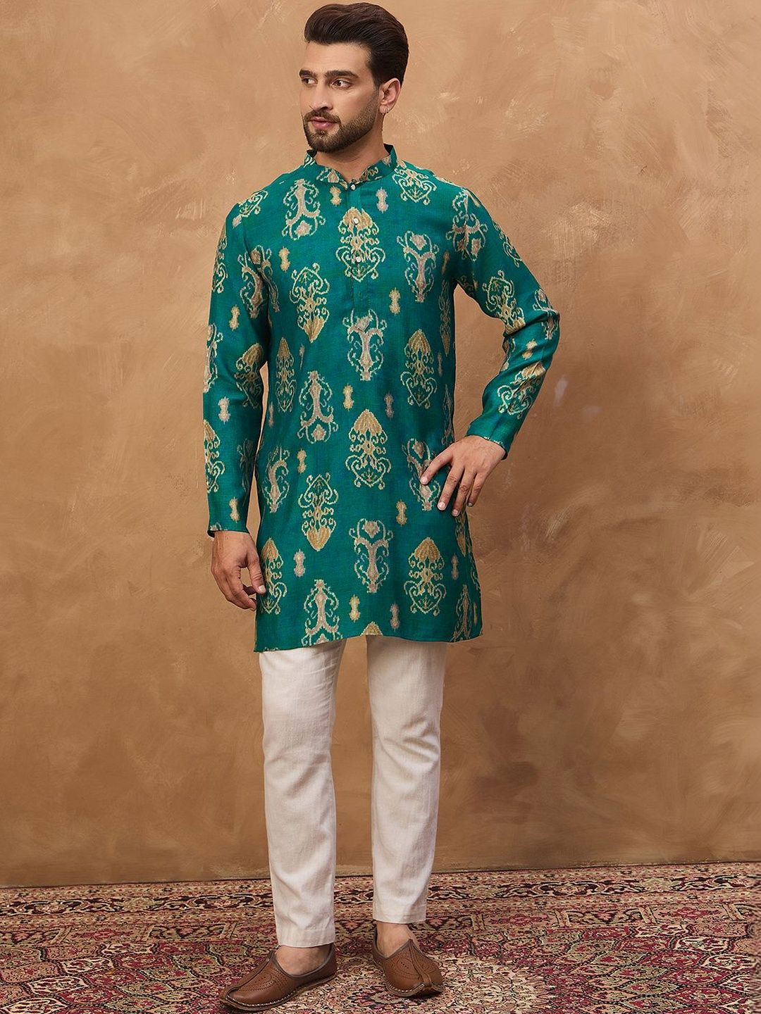 Ethnic Bay Men Blue Viscose Rayon Ikat Printed Straight Kurta With Pant Set-MKSET1546