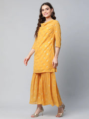 Women's Mustard Yellow Georgette Printed Sharara Set With Dupatta-AHKUDUSH-COMBO-433