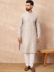 Ethnic Bay Men Grey Silk Geometric Printed Straight Kurta With Pant Set-MKSET1272