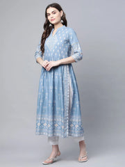 Pastel Blue Pure Cotton Printed Kurta Pant Set With Dupatta-AHKUDUPN-COMBO-482