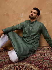Ethnic Bay Men Green Silk Blend Geometric Embroidered Straight Kurta With Pant Set-MKSET1517