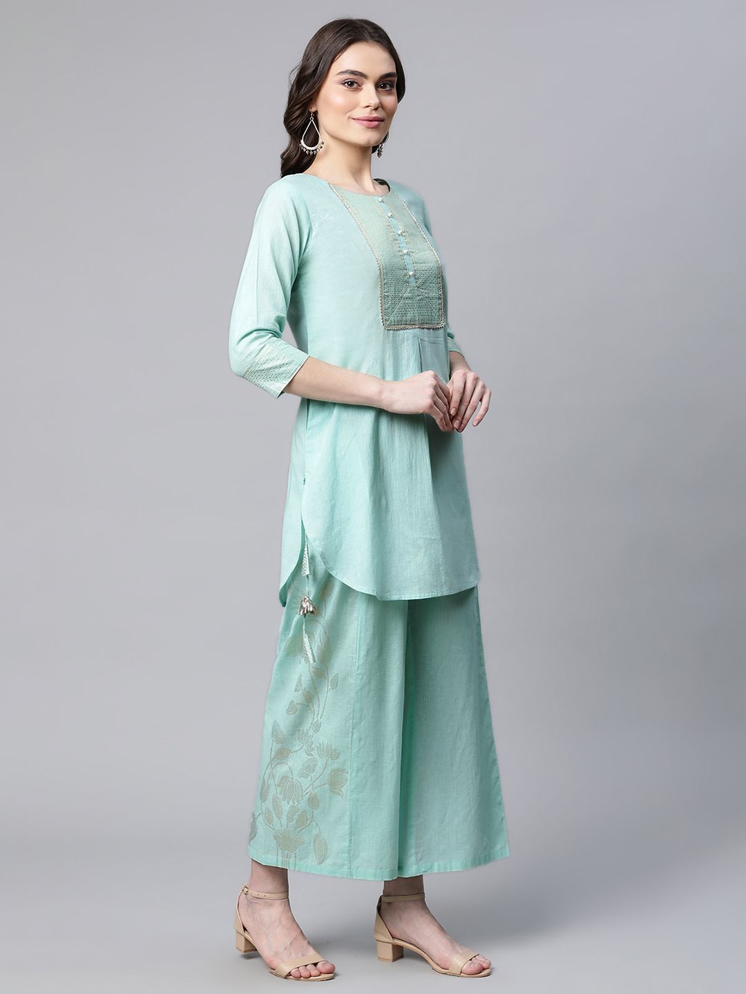 Teal Cotton Gold Foil Printed Pakistani Kurta Palazzo Set