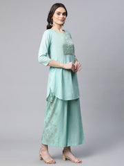 Teal Pure Cotton Gold Foil Printed Pakistani Style Kurta Palazzo Set-AHTUPZ-COMBO-492
