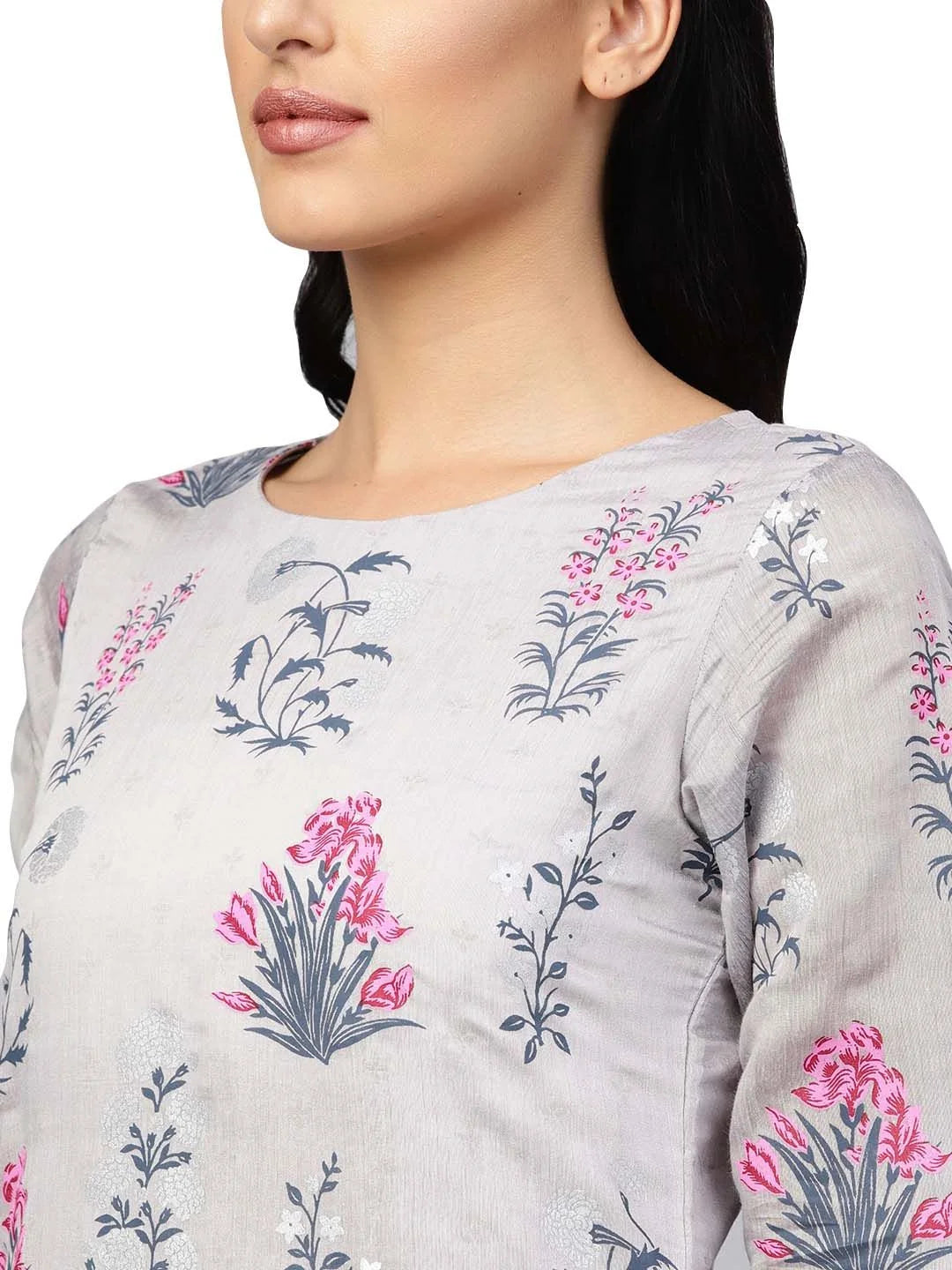 Grey Chanderi Silk Printed Kurta Pant Set | Women's Kurta Sets