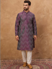 Ethnic Bay Men Purple Silk Blend Geometric Printed Straight Kurta With Pant Set-MKSET1521