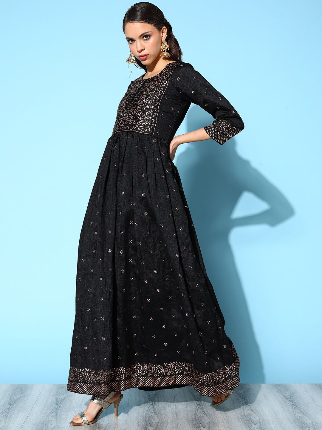 Black Printed Poly Silk Dress - Indian Dresses Online