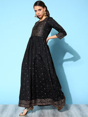 Black Poly Silk Printed Dress-AHDRPSLP-916-FF