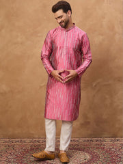 Ethnic Bay Men Pink Silk Blend Geometric Printed Straight Kurta With Pant Set-MKSET1533