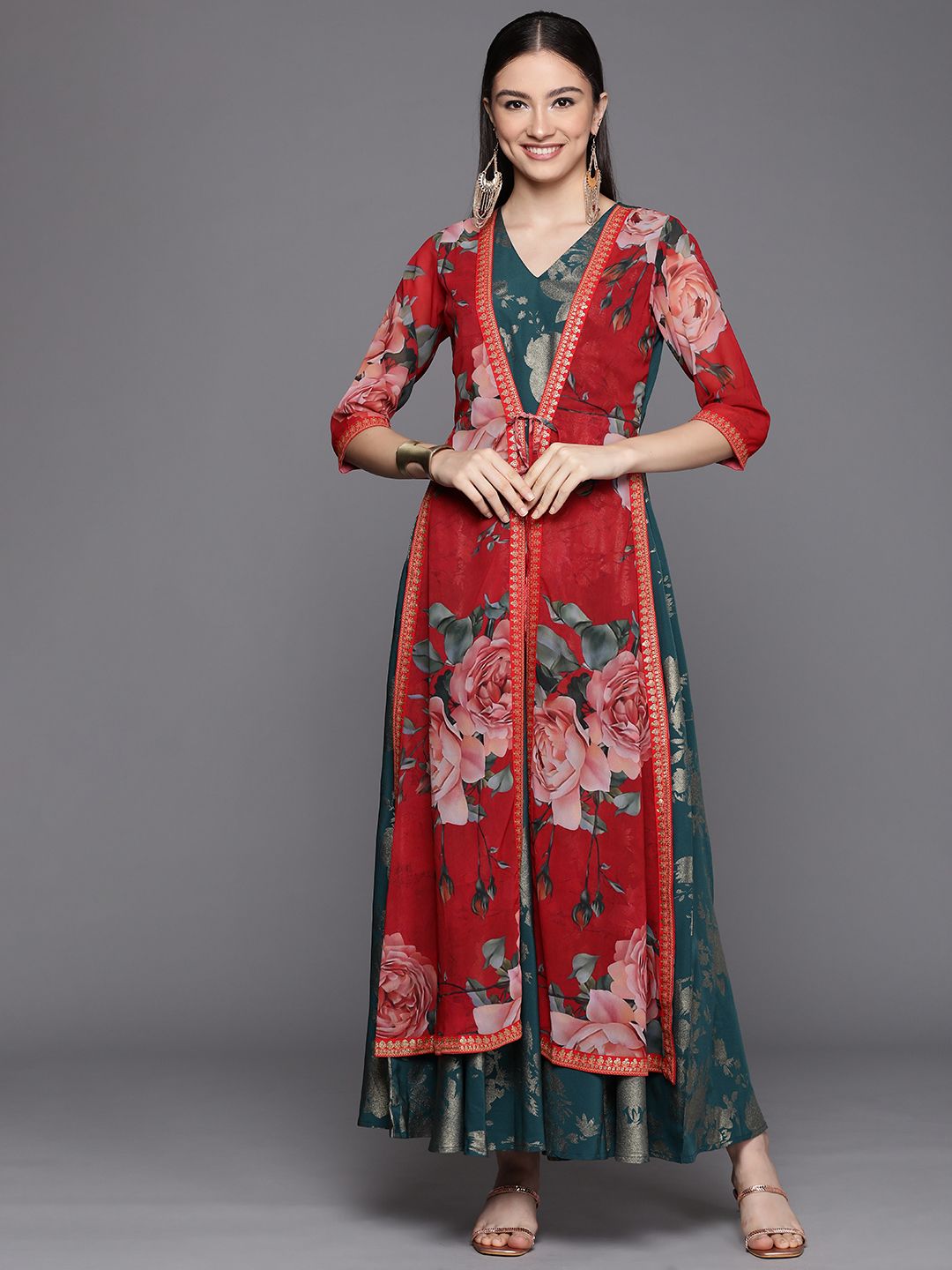 Green & Gold Printed Dress | Indian Dresses Online