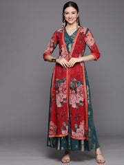 Green & Gold Printed Layered Dress-AHDRCRGRSM-992