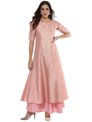 Pink Poly Silk Gold Foil Print Kurta-AHKUPSFP-560