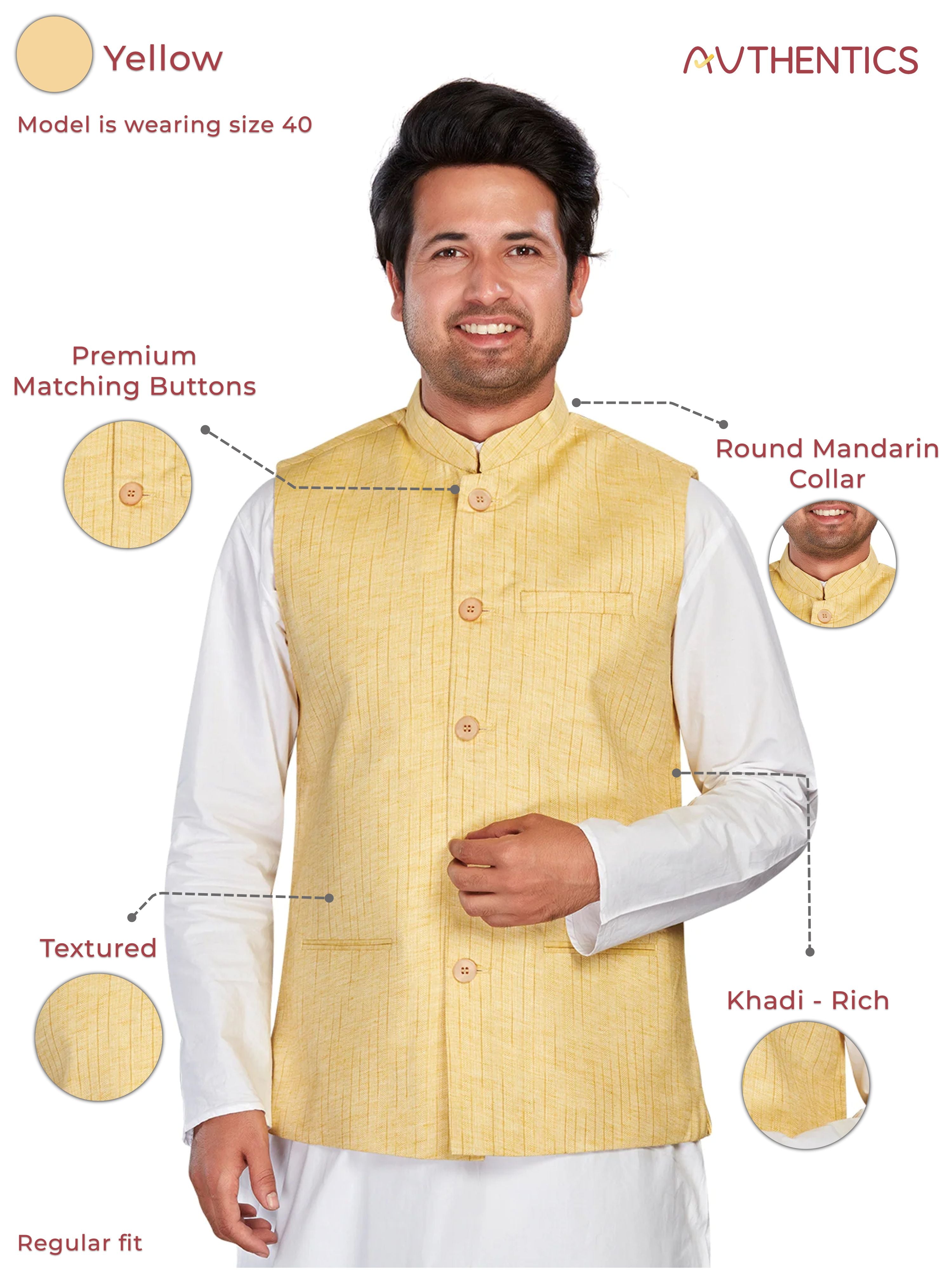 Cotton Nehru Jacket for Men - Yellow | WCNVRKYEL3 | DesiQlo