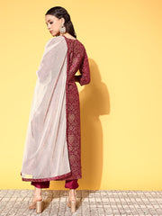 Wine Colour Poly Silk Gold Paste Printed Kurta Pant Set-AHKUDUPN-COMBO-373-FF